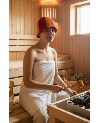 Pirties kepurė- dryžuota raudona - geltona , 100% vilna PIRTIES AKSESUARAI