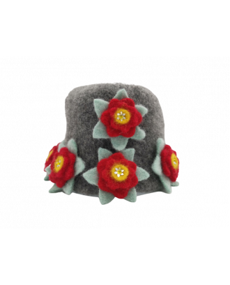 Pirties kepurė su gėlėmis, pilka, 100% vilna PIRTIES AKSESUARAI